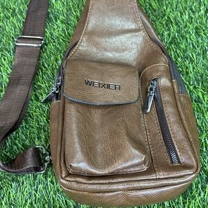 Weixier Men's Brown Leather Crossbody Satchel Sling Bag Travel Casual